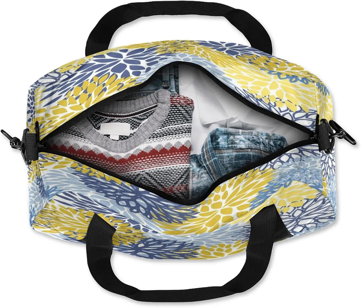 Blue Yellow Dahlia Flower Kids Duffel Bag Lightweight Waterproof Sports Gym Bag with Front Zipper Pocket Foldable Weekender Overnight Bag for School Practice Gymnastic Ballet