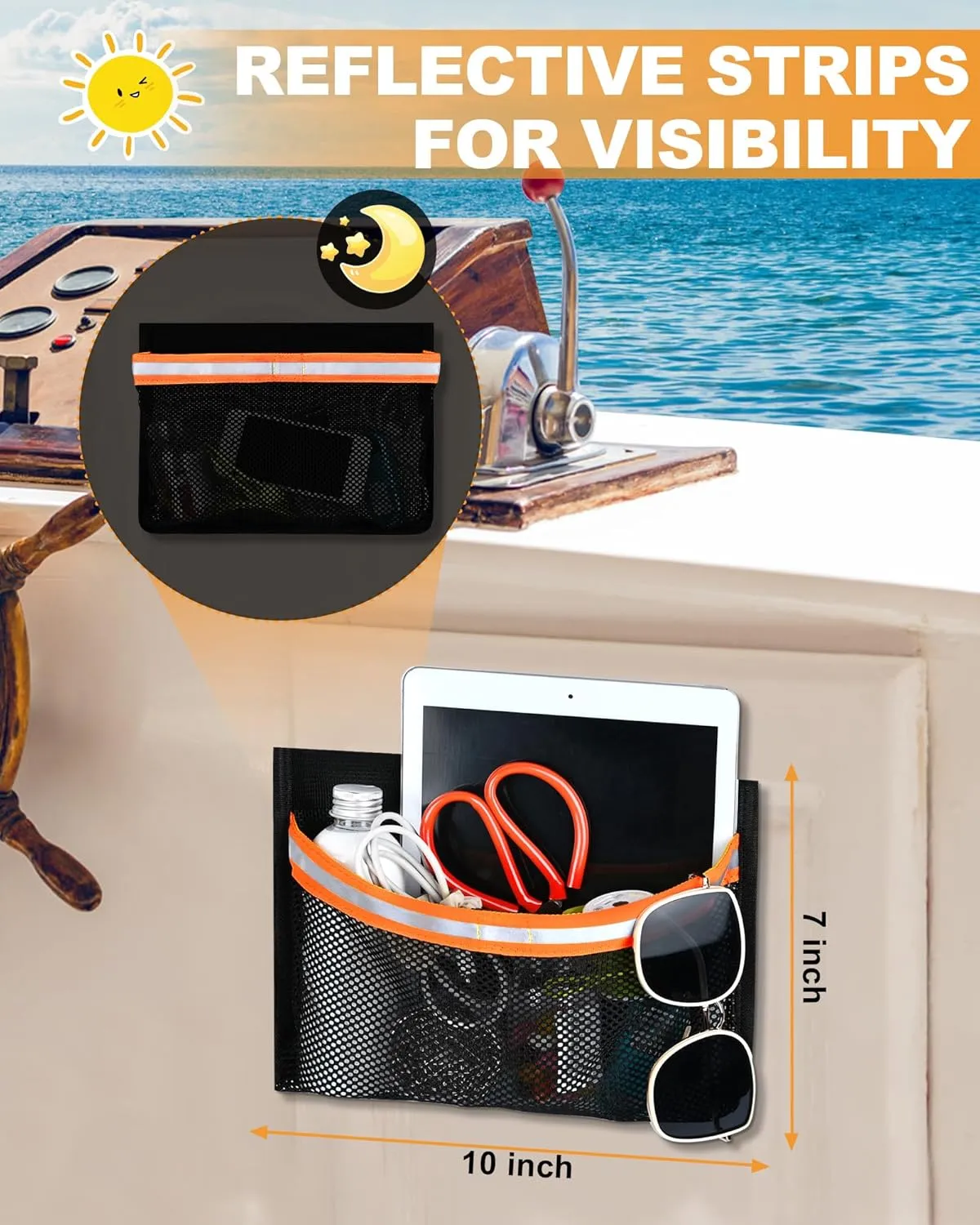 Boat Storage Accessories, PVC Reflective Self-Adhesive Universal Boat Caddy Organizer Mesh Bag for Gloves, Tools, Tackle, Gear