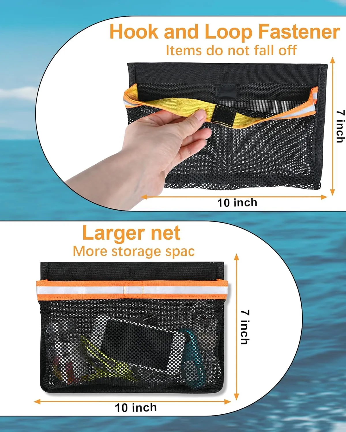 Boat Storage Accessories, PVC Reflective Self-Adhesive Universal Boat Caddy Organizer Mesh Bag for Gloves, Tools, Tackle, Gear