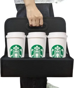 Boczif Cup Caddy Portable Drink Carrier or Cans Reusable, 6-Cup Holder with Handle, Folds Flat, Carry Coffee, Wine, Cocktails, Safely Secures Hot and Cold Beverages- for Delivery and Take Out(Black)