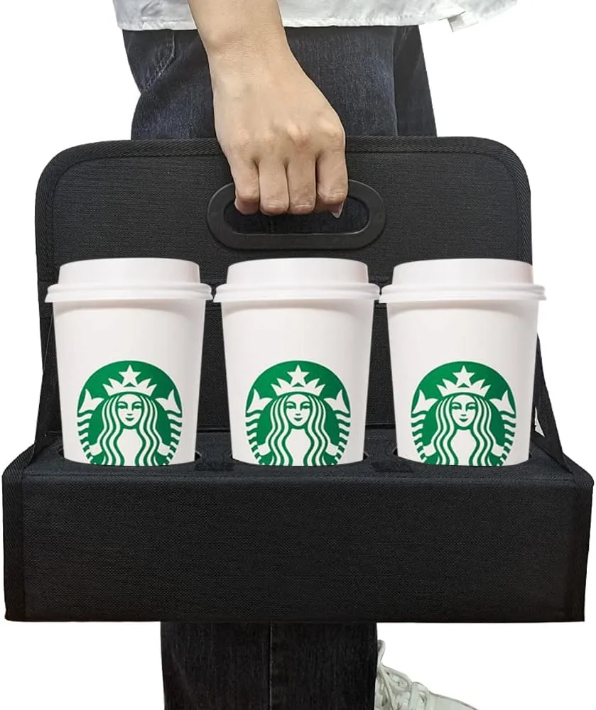 Boczif Cup Caddy Portable Drink Carrier or Cans Reusable, 6-Cup Holder with Handle, Folds Flat, Carry Coffee, Wine, Cocktails, Safely Secures Hot and Cold Beverages- for Delivery and Take Out(Black)
