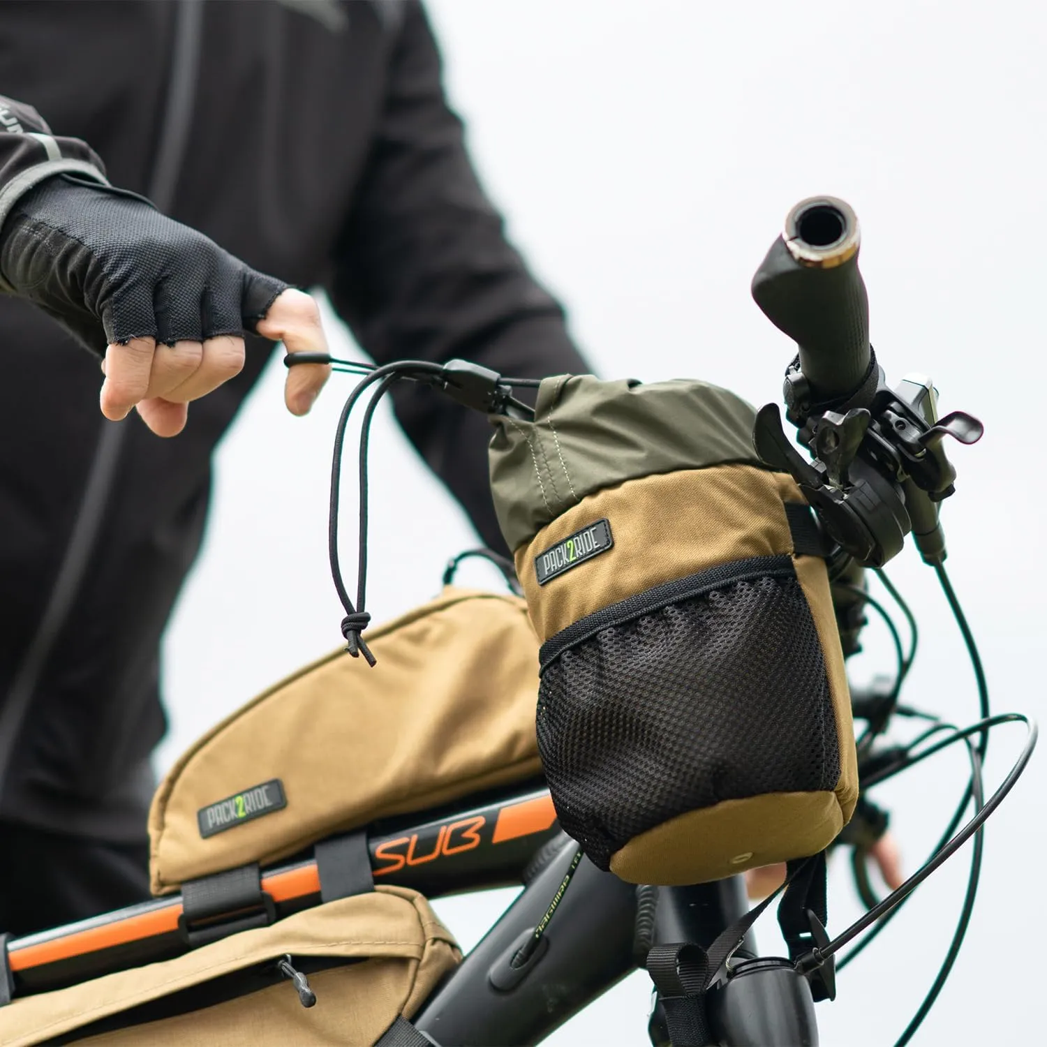 Bongo Bike Handlebar Bag - Water Resistant & Durable Fabric Bicycle Water Bottle Holder, Secure Attachment Bikepacking Stem Bag, Front Biking Storage, Bike Organizer for Cycling - Black