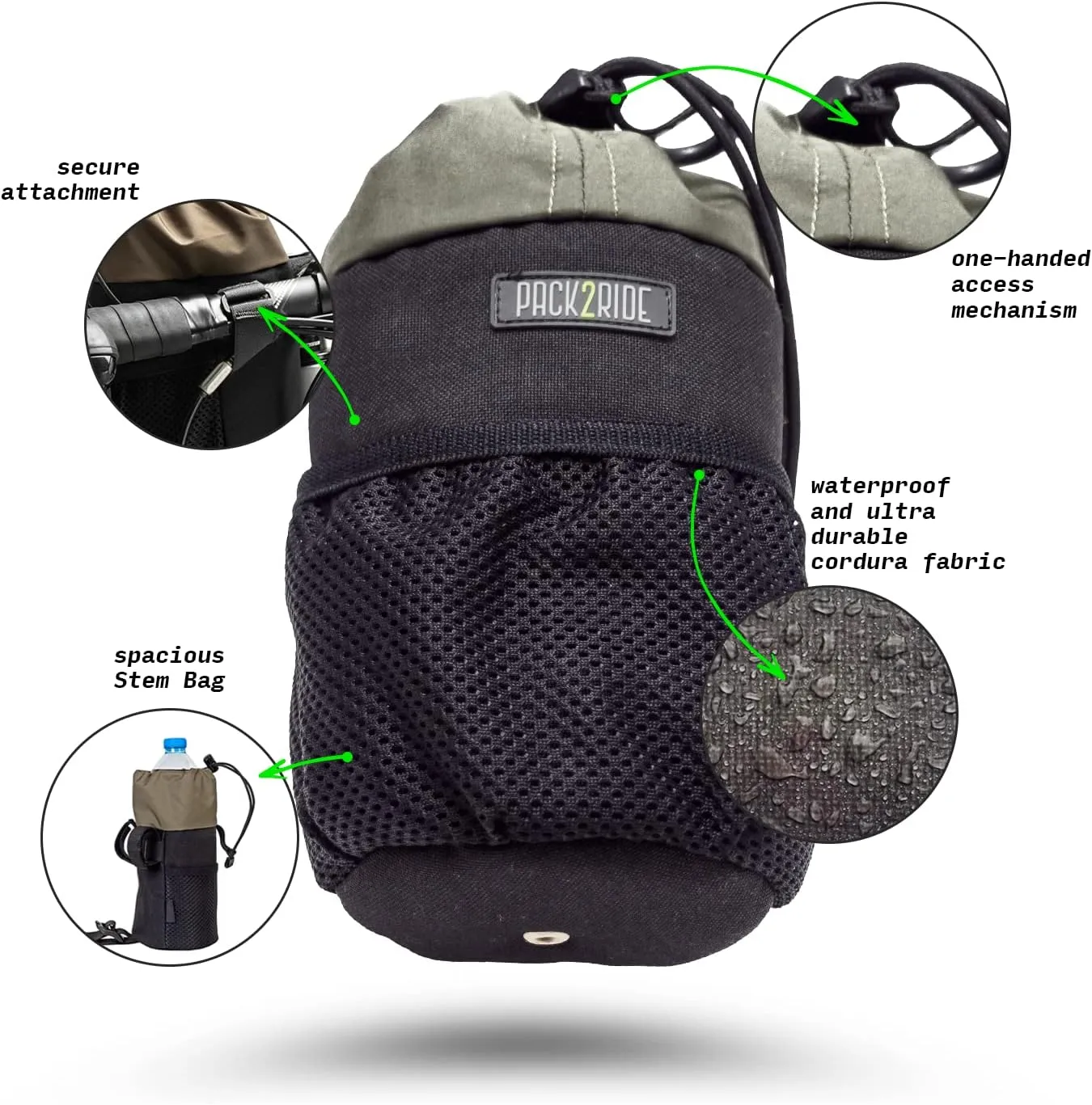 Bongo Bike Handlebar Bag - Water Resistant & Durable Fabric Bicycle Water Bottle Holder, Secure Attachment Bikepacking Stem Bag, Front Biking Storage, Bike Organizer for Cycling - Black