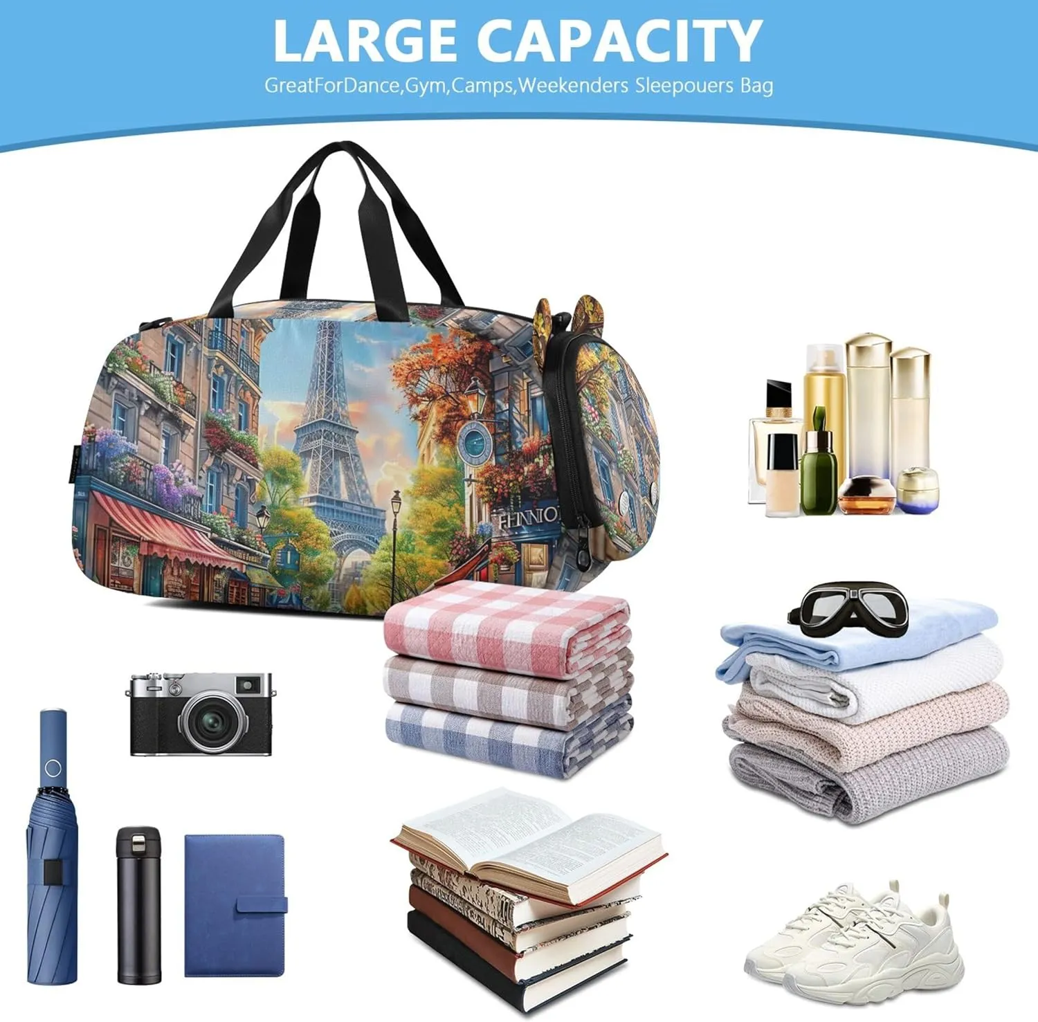 Boys Carry on Duffel City Street Paris Overnight Weekender Duffel Duffle Bags for Traveling Tote Kids Luggage Sports Bag
