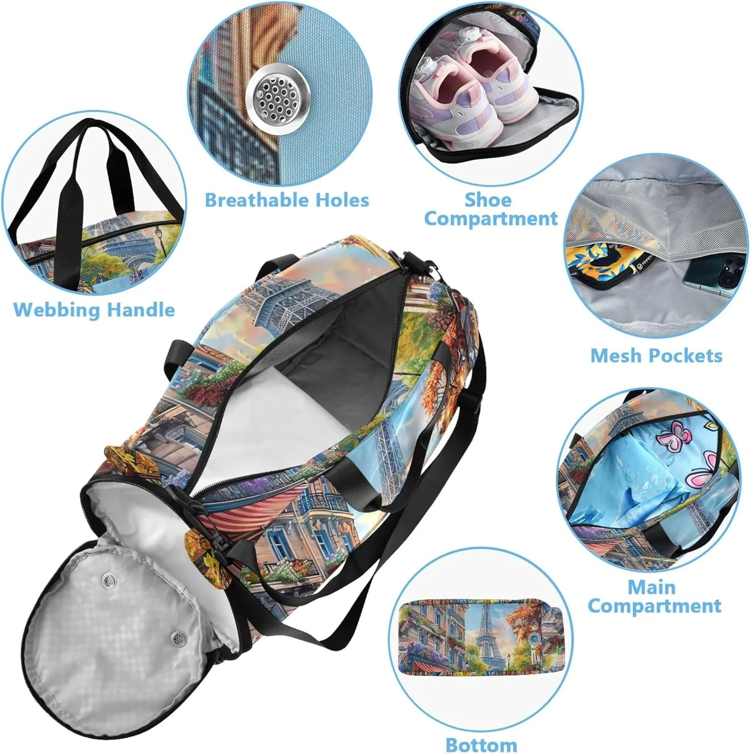Boys Carry on Duffel City Street Paris Overnight Weekender Duffel Duffle Bags for Traveling Tote Kids Luggage Sports Bag
