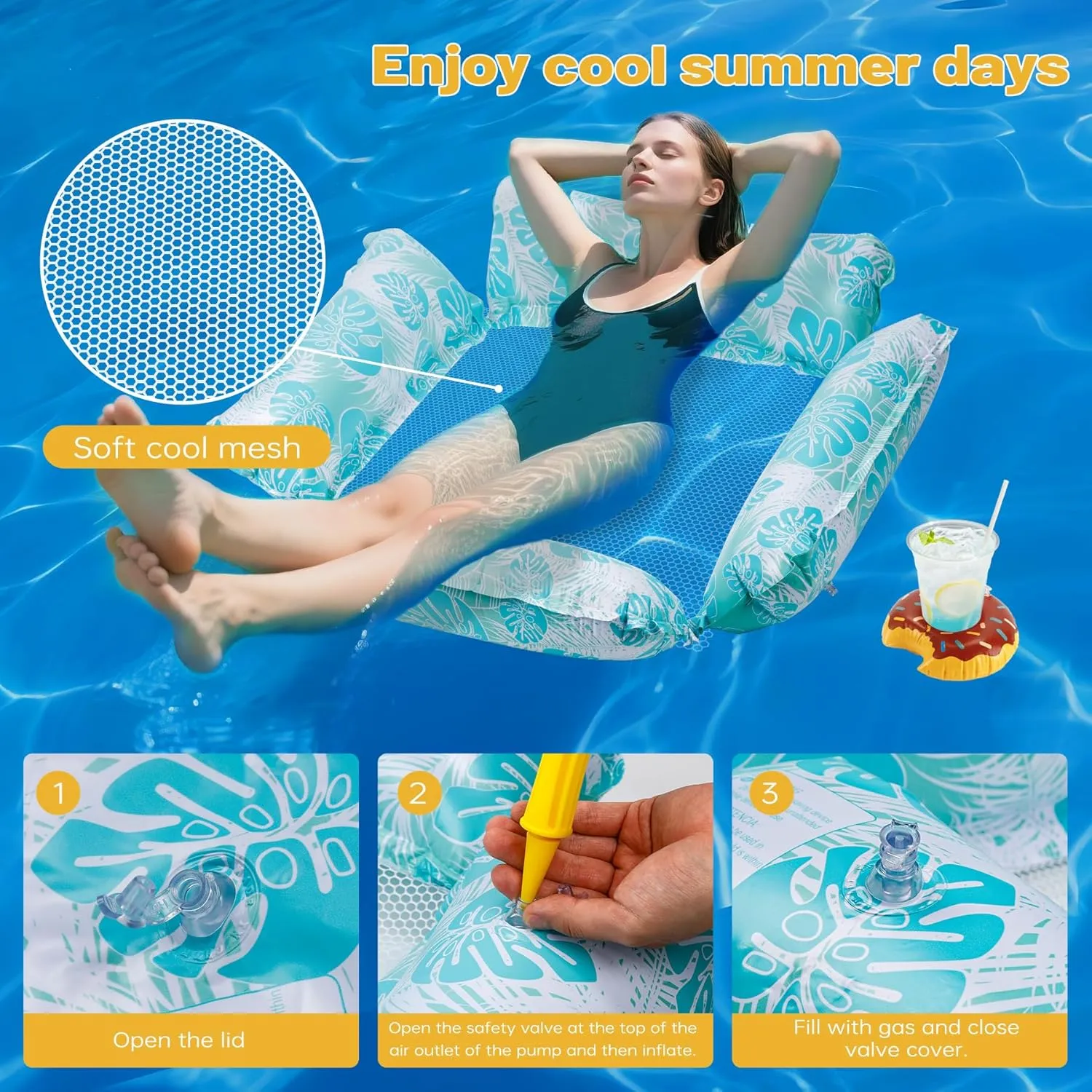 BTSD-home 2 Pack Inflatable Pool Floats Chair with Cup Holders, 4-in-1 Multi-Purpose Floating Loungers for Adults, Summer Pool Lake Beach Party Fun