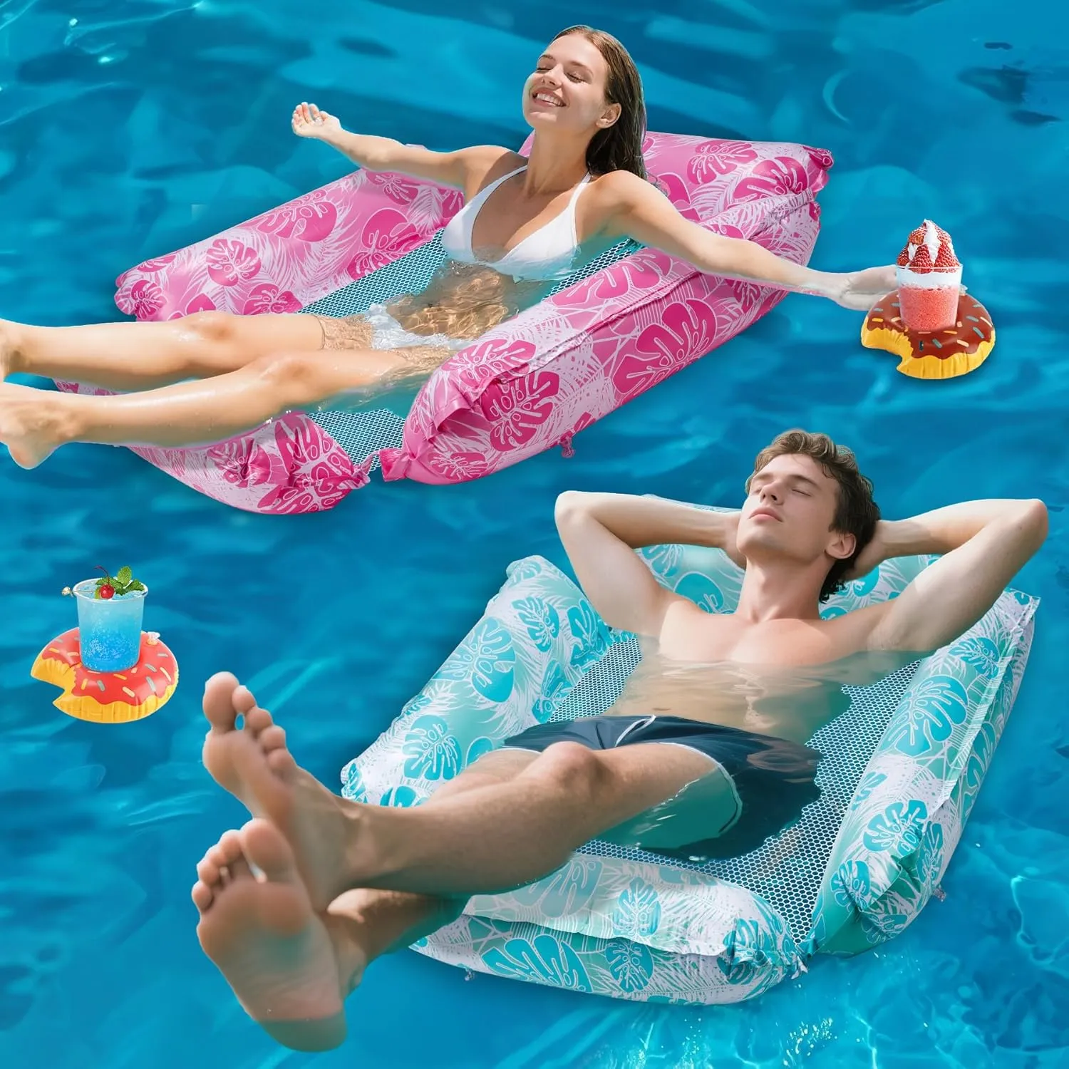 BTSD-home 2 Pack Inflatable Pool Floats Chair with Cup Holders, 4-in-1 Multi-Purpose Floating Loungers for Adults, Summer Pool Lake Beach Party Fun