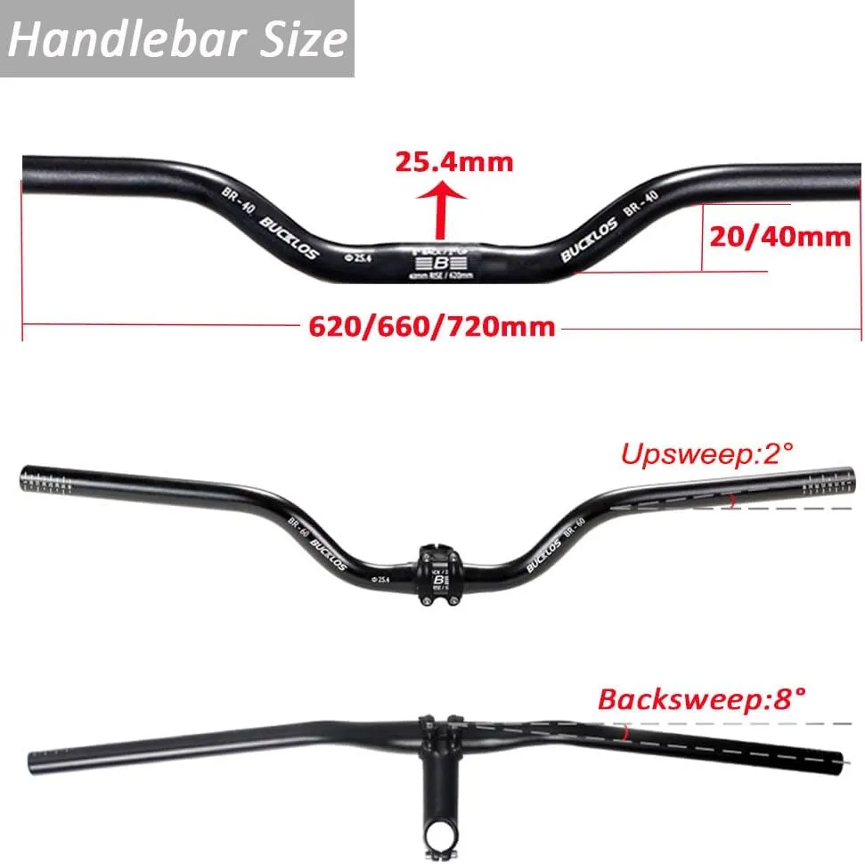 BUCKLOS 25.4mm Mountain Bike Handlebars Rise 20/40/60/100mm Aluminum Alloy MTB Riser Handlebars, Suitable for Cycling Racing XC DH Bicycle
