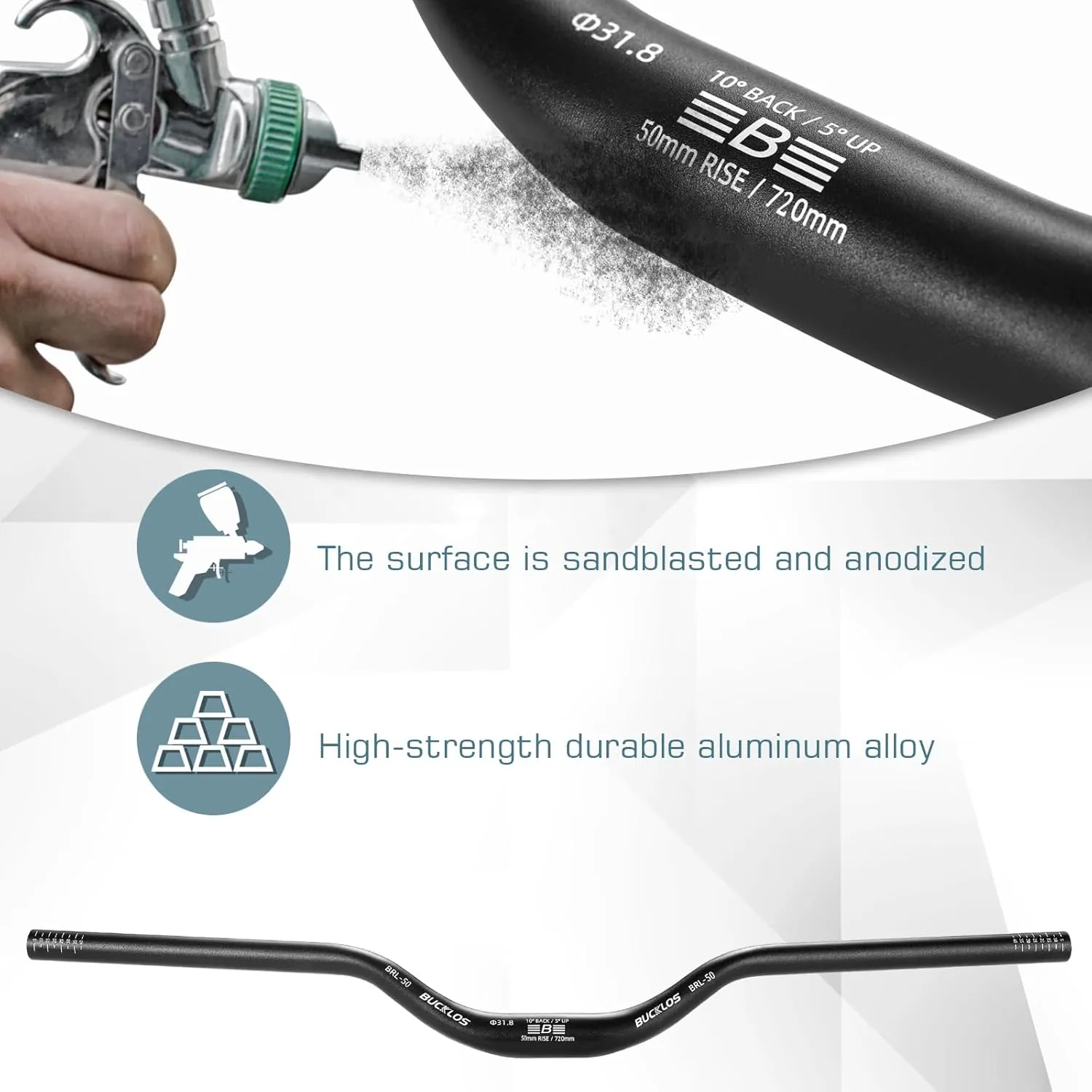 BUCKLOS Mountain Bike MTB Handlebars 25.4/31.8mm - 20/30/50/90/100/120/160mm Rise MTB Aluminum Alloy Handlebar - 720/780mm Extra Long Bicycle Riser HandleBars for E-Bike Folding Bike Downhill Racing.
