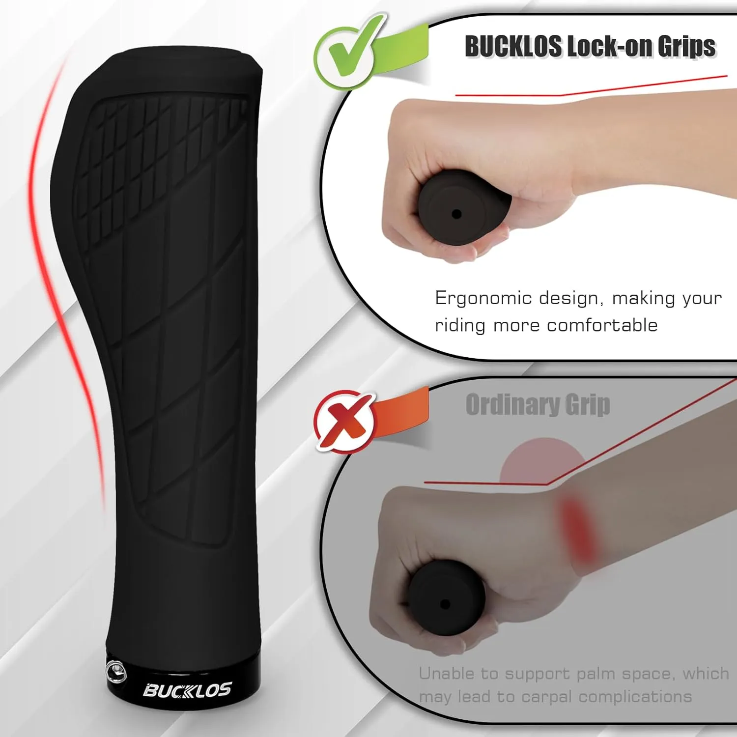 BUCKLOS Single Lock-on Bike Handlebar Grips - Mountain Bike MTB Ergonomic Anti-Slip Handle Grip - Bicycle Comfort Locking Handle Bar for BMX/Cruiser Bike/Scooter (7/8" Black)