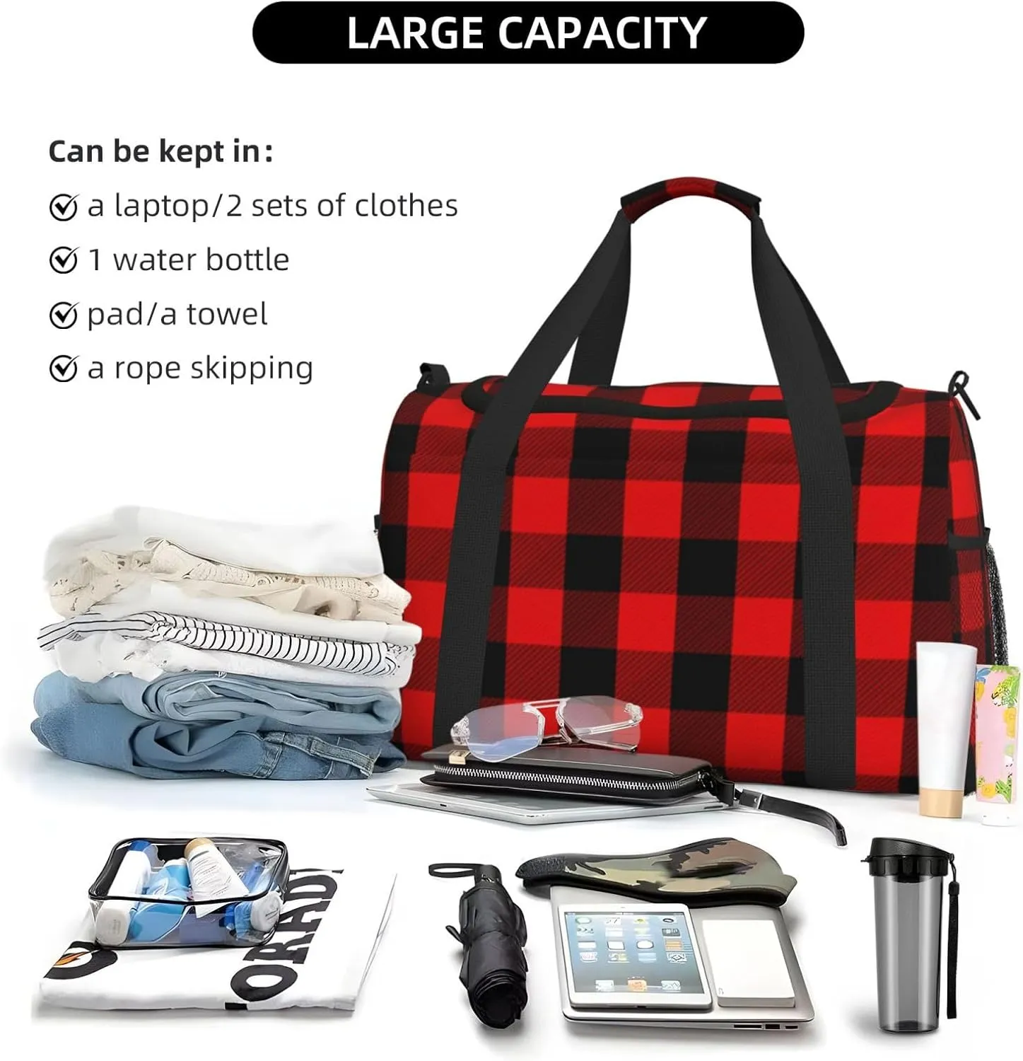 Buffalo Red Plaid Grande Travel Duffel Bag Large Foldable Waterproof Overnight Bag For Beach Swim Bags Pool Sports Gym