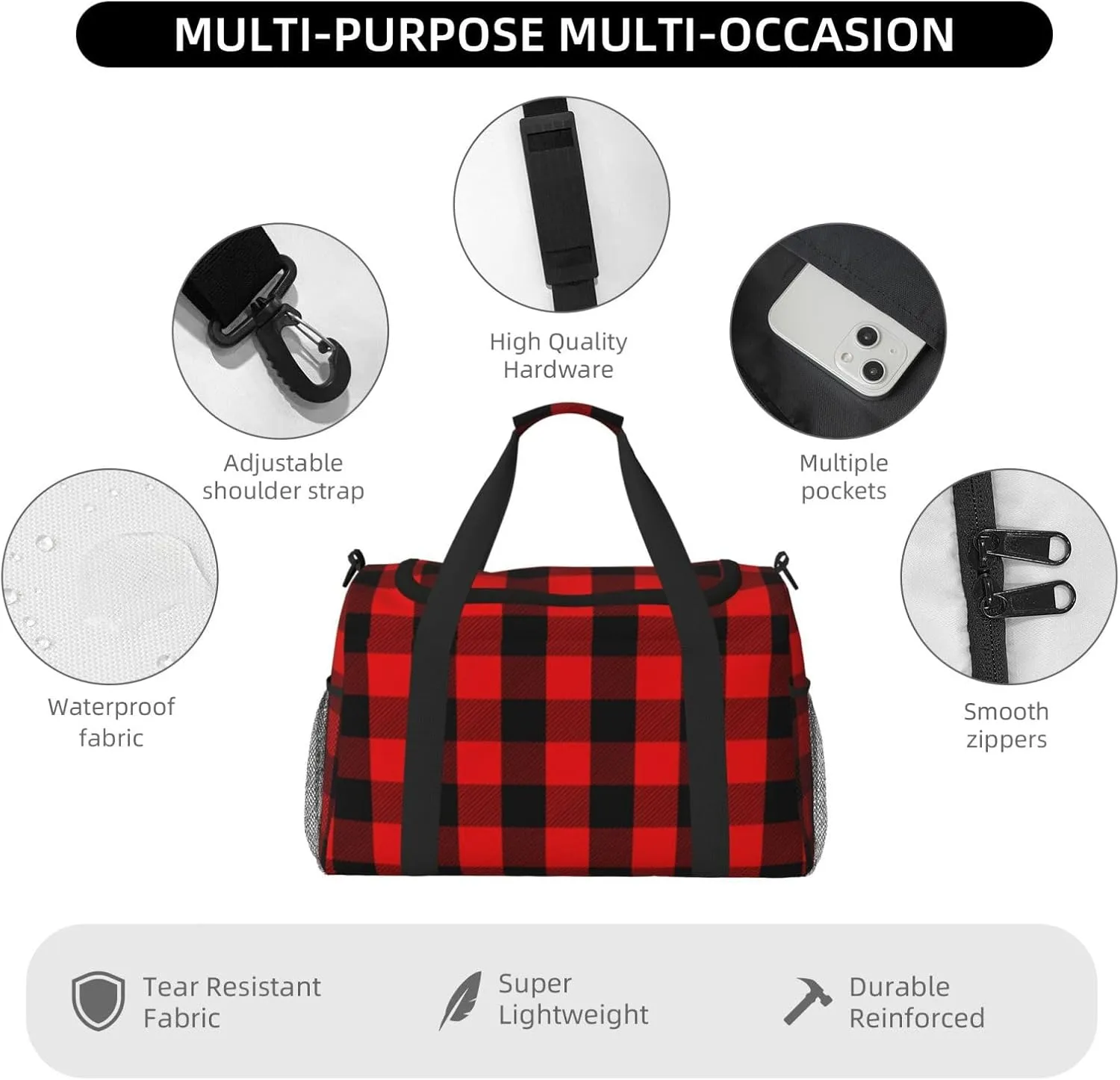 Buffalo Red Plaid Grande Travel Duffel Bag Large Foldable Waterproof Overnight Bag For Beach Swim Bags Pool Sports Gym