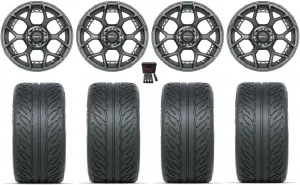 Bundle - 9 Items: Madjax Evolution 15" Golf Wheels Gunmetal Fusion GTR 215x40-15 Tires [for YamahaGolf Carts]