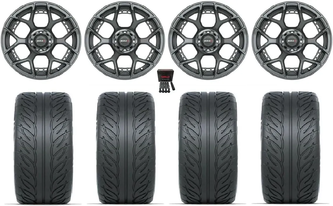 Bundle - 9 Items: Madjax Evolution 15" Golf Wheels Gunmetal Fusion GTR 215x40-15 Tires [for YamahaGolf Carts]