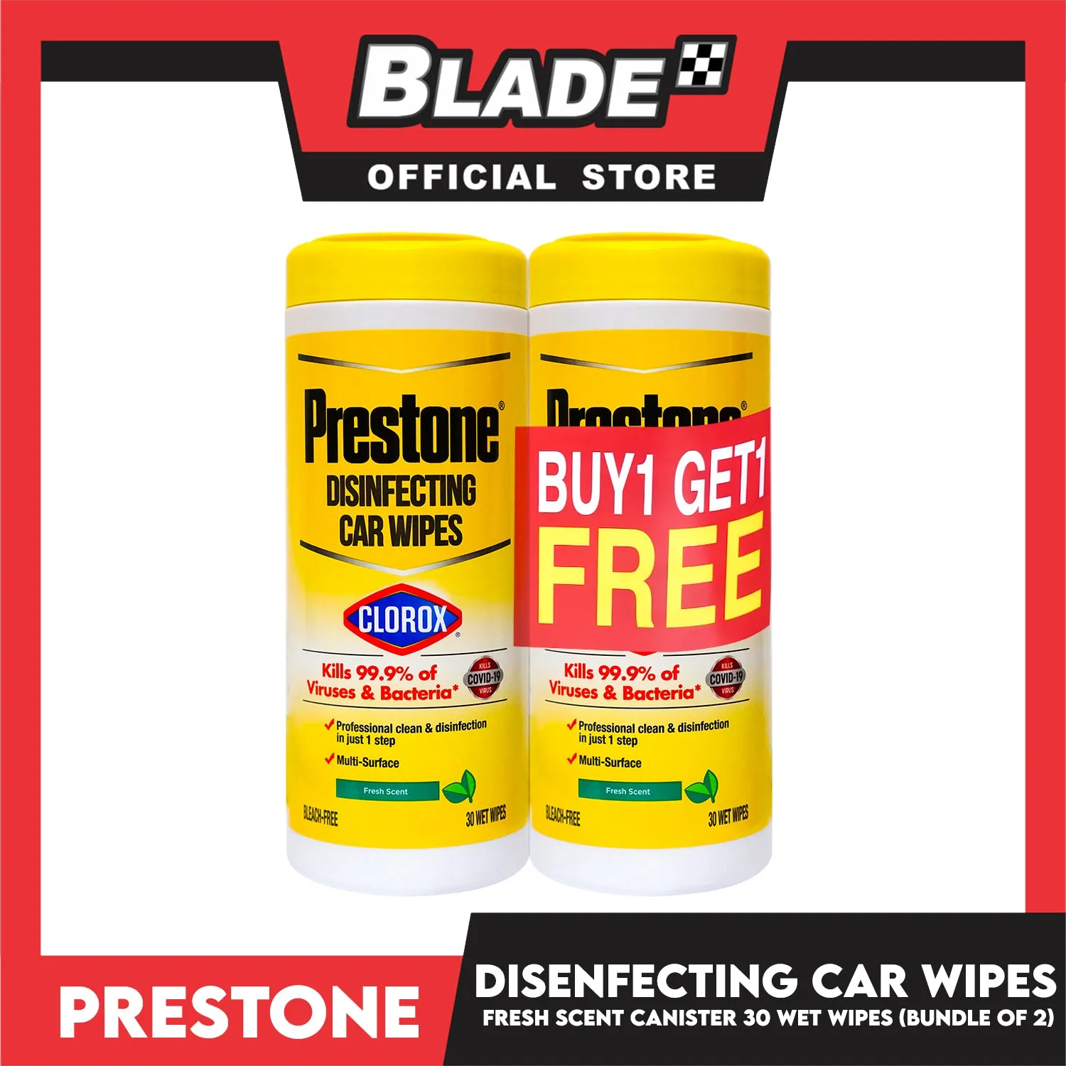 Buy 1 Get 1 Free! Prestone Disinfecting Car Wipes Canister 30pcs (Fresh Scent)
