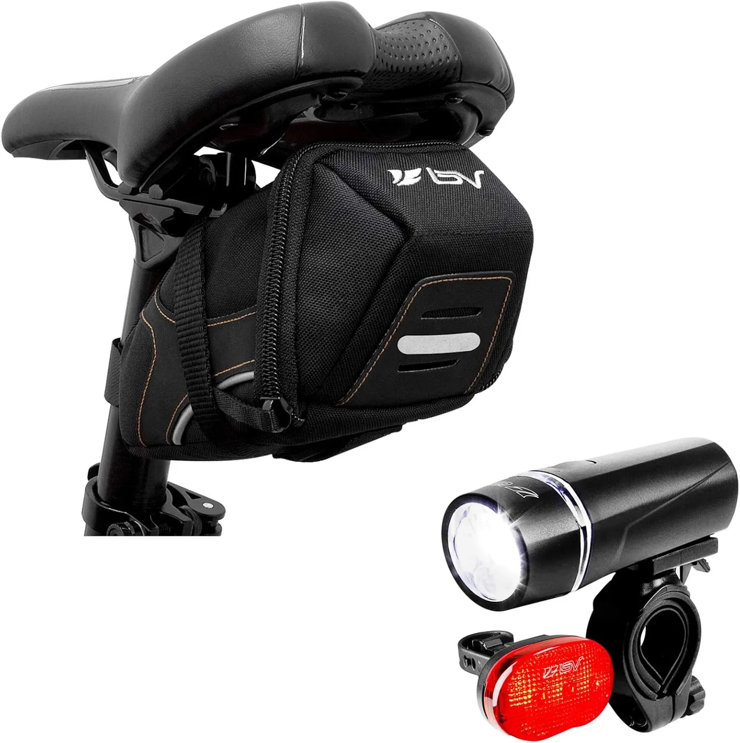 BV Large Bike Saddle Bag and Bike Light Set