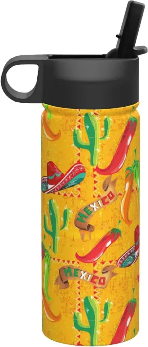 Cactus Hat and Chili Pepper Print Flask Stainless Steel Water Bottle with Straw 18OZ FOR Outdoor Gym Commute