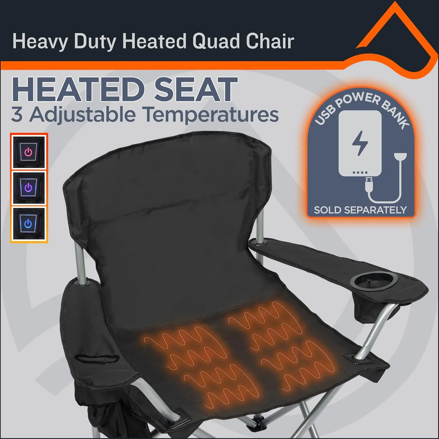 CAMP & GO Heavy-Duty Heated Wide Quad Camping Chair, Folding Heated Chair with 18-Inch USB Cable, Storage Compartment, and Cup Holders, Weight Capacity of 500 lbs., Black