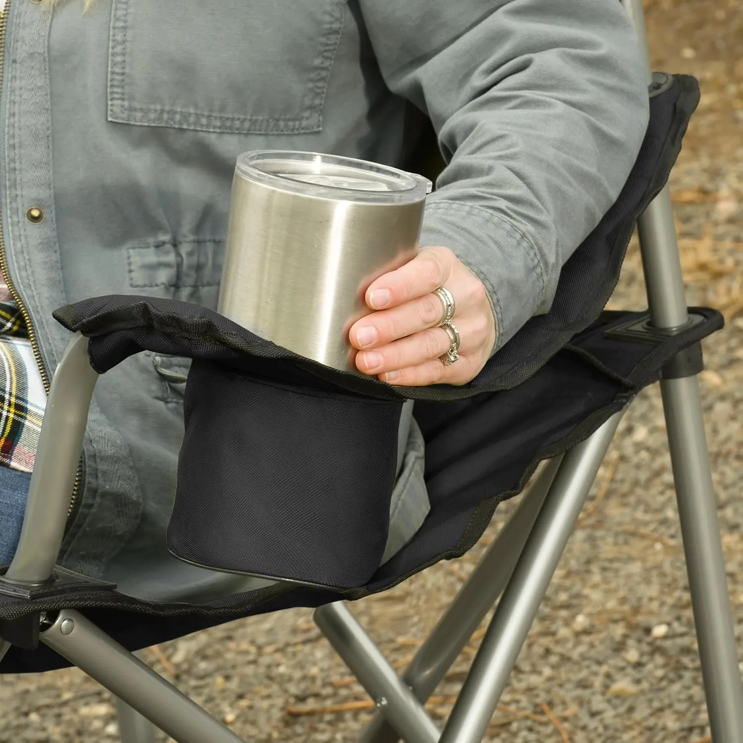 CAMP & GO Heavy-Duty Heated Wide Quad Camping Chair, Folding Heated Chair with 18-Inch USB Cable, Storage Compartment, and Cup Holders, Weight Capacity of 500 lbs., Black