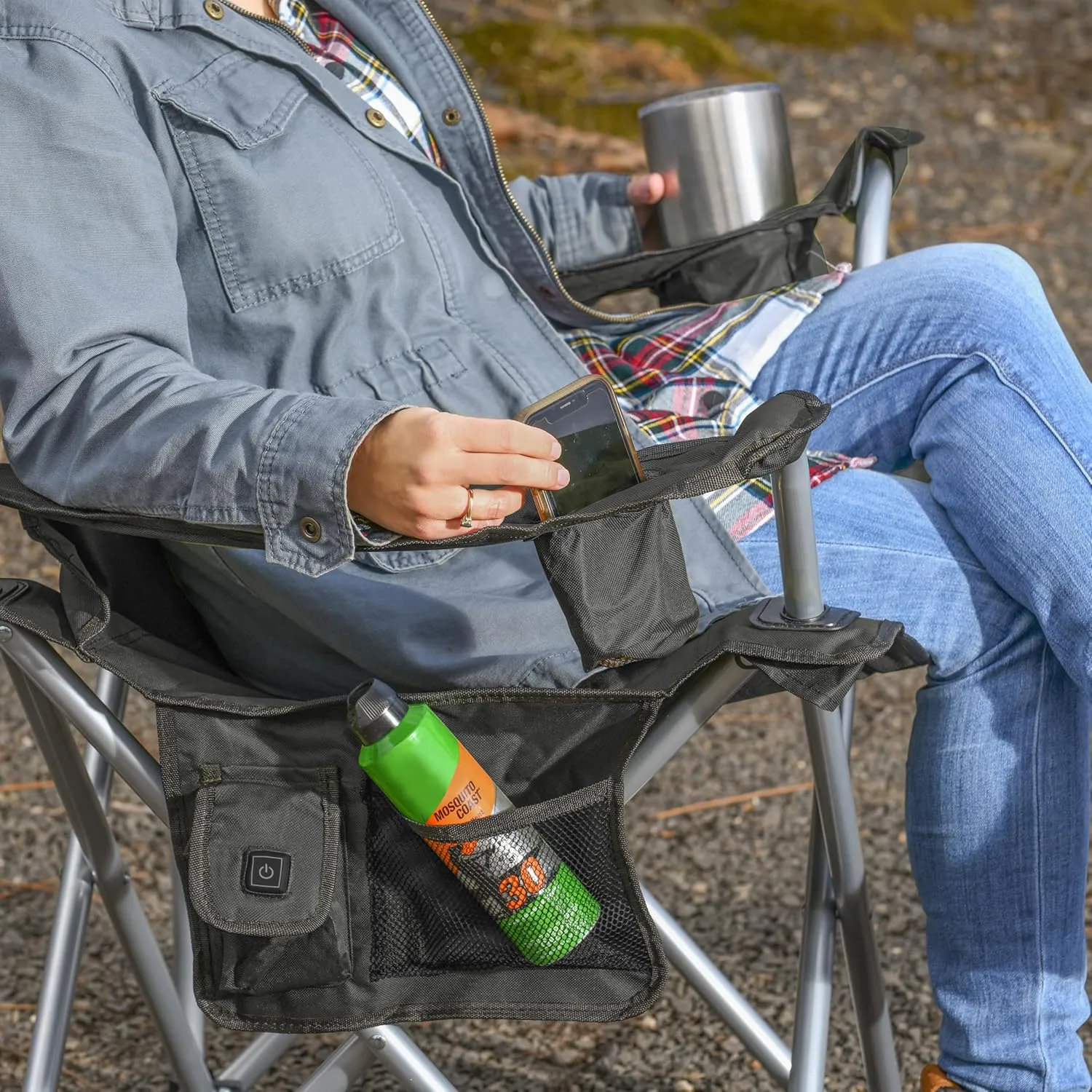 CAMP & GO Heavy-Duty Heated Wide Quad Camping Chair, Folding Heated Chair with 18-Inch USB Cable, Storage Compartment, and Cup Holders, Weight Capacity of 500 lbs., Black