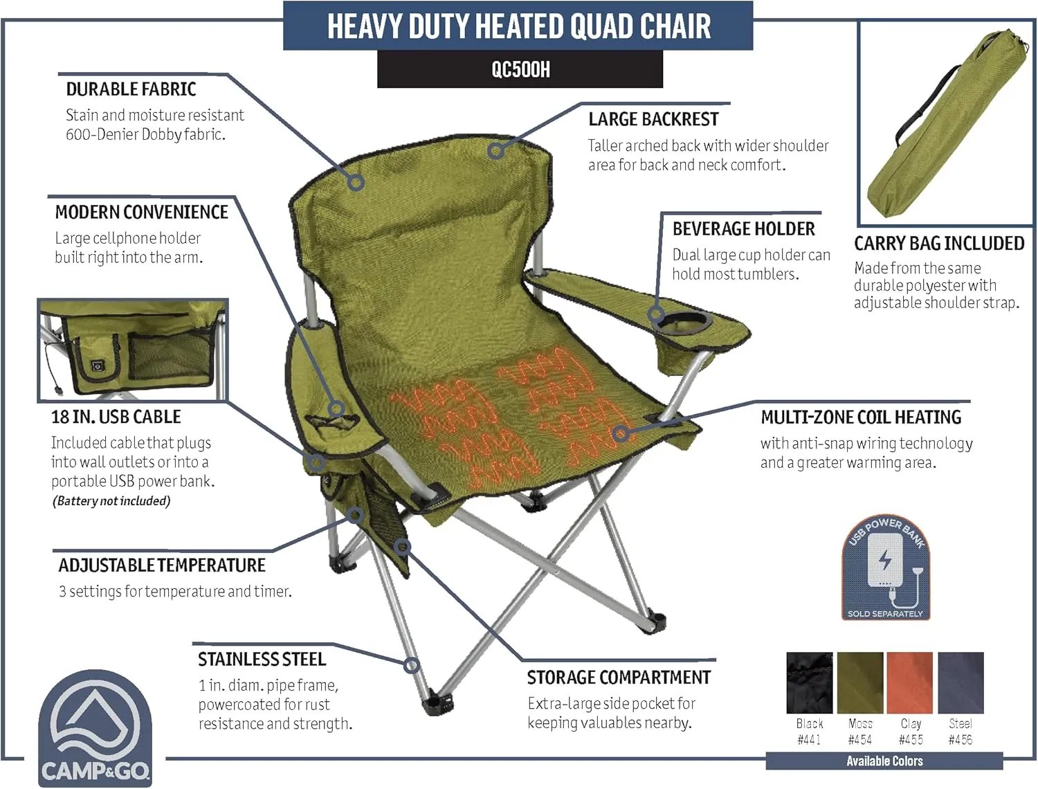 CAMP & GO Heavy-Duty Heated Wide Quad Camping Chair, Folding Heated Chair with 18-Inch USB Cable, Storage Compartment, and Cup Holders, Weight Capacity of 500 lbs., Black