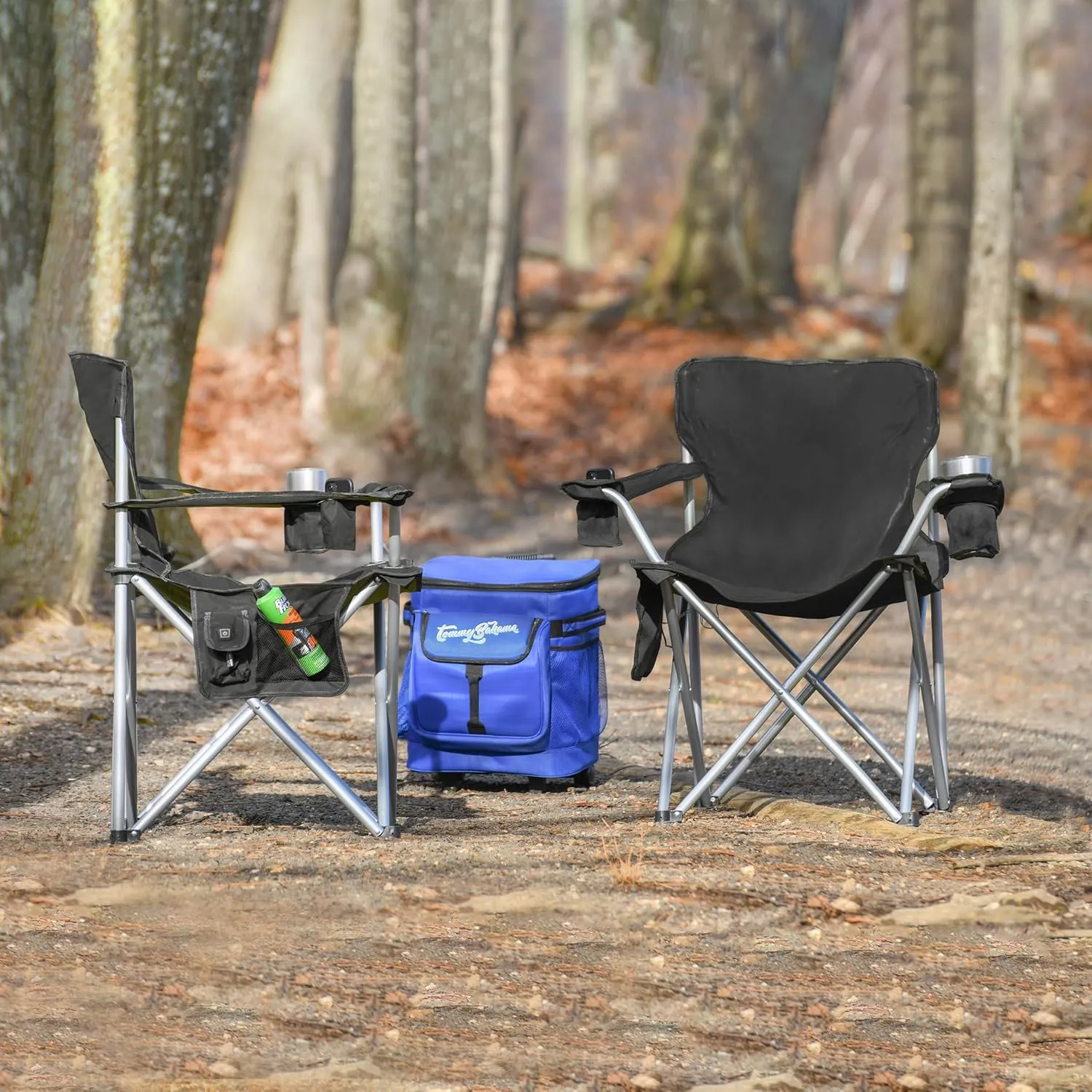 CAMP & GO Heavy-Duty Heated Wide Quad Camping Chair, Folding Heated Chair with 18-Inch USB Cable, Storage Compartment, and Cup Holders, Weight Capacity of 500 lbs., Black