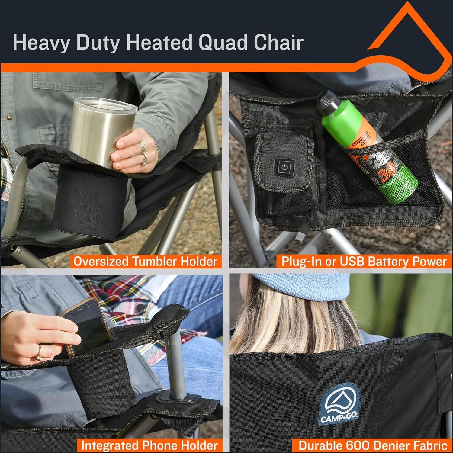 CAMP & GO Heavy-Duty Heated Wide Quad Camping Chair, Folding Heated Chair with 18-Inch USB Cable, Storage Compartment, and Cup Holders, Weight Capacity of 500 lbs., Black