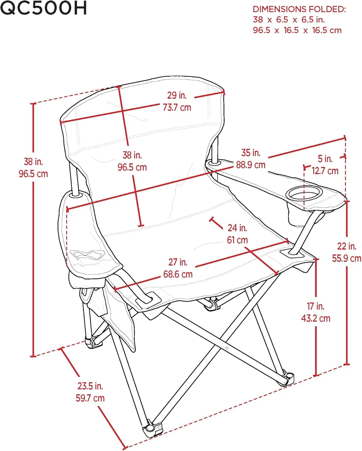 CAMP & GO Heavy-Duty Heated Wide Quad Camping Chair, Folding Heated Chair with 18-Inch USB Cable, Storage Compartment, and Cup Holders, Weight Capacity of 500 lbs., Black