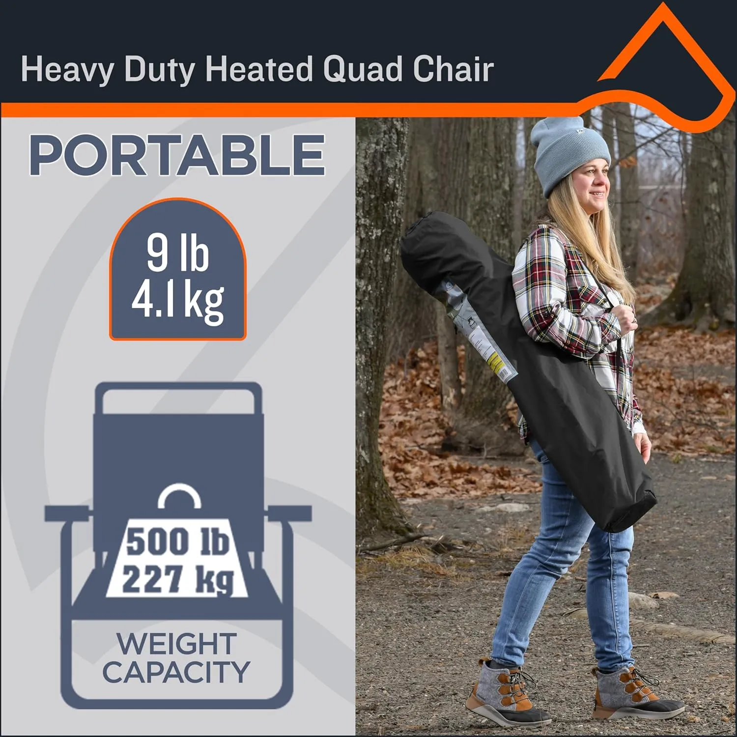 CAMP & GO Heavy-Duty Heated Wide Quad Camping Chair, Folding Heated Chair with 18-Inch USB Cable, Storage Compartment, and Cup Holders, Weight Capacity of 500 lbs., Black