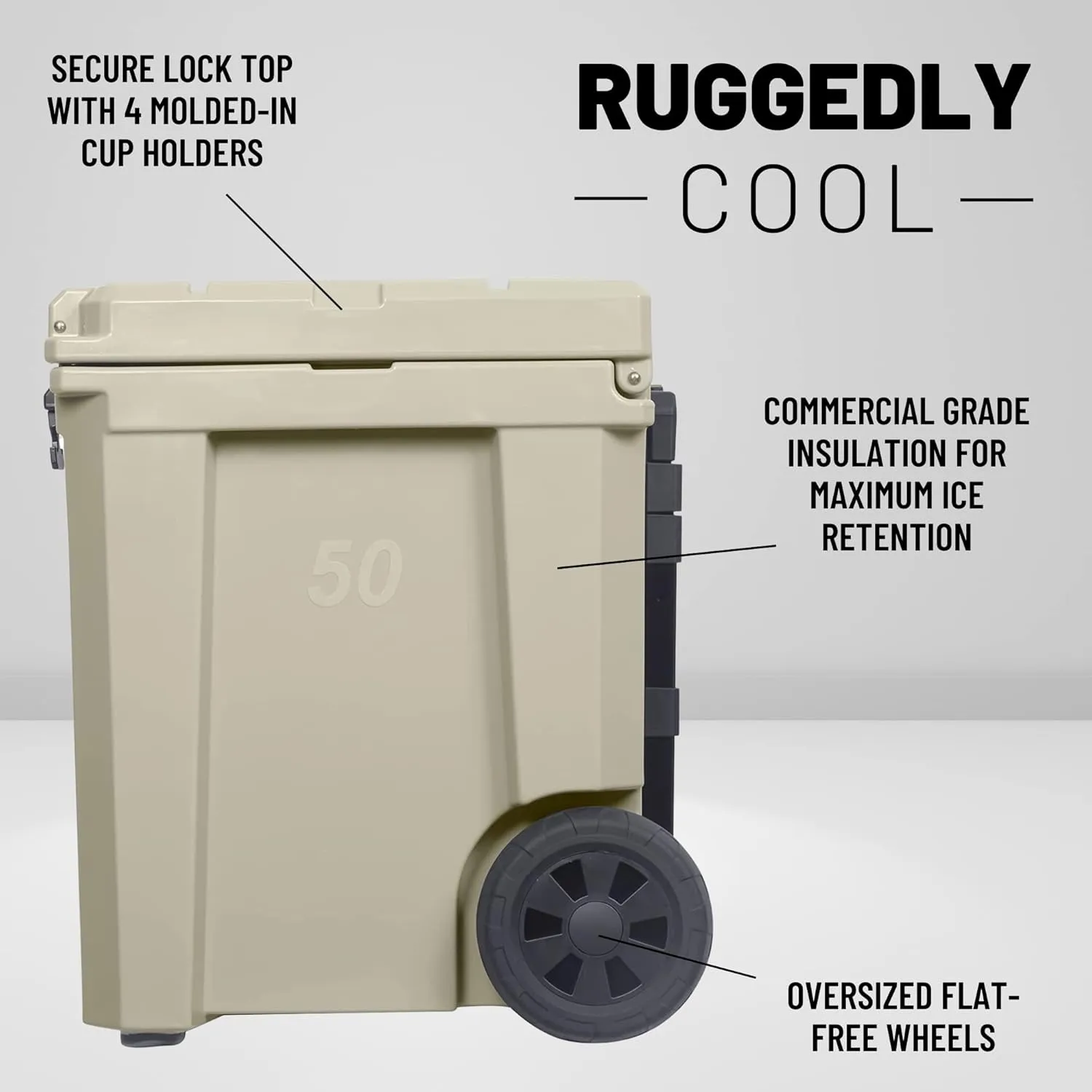CAMP-ZERO 50L- 52 Quart Hard Cooler with Easy-Roll Oversized Wheels, Extendable Aluminum Pull Handle, Perfect Insulated Ice Chest for Beverages, Beach, Camping, Family Picnics, Fishing and Boating