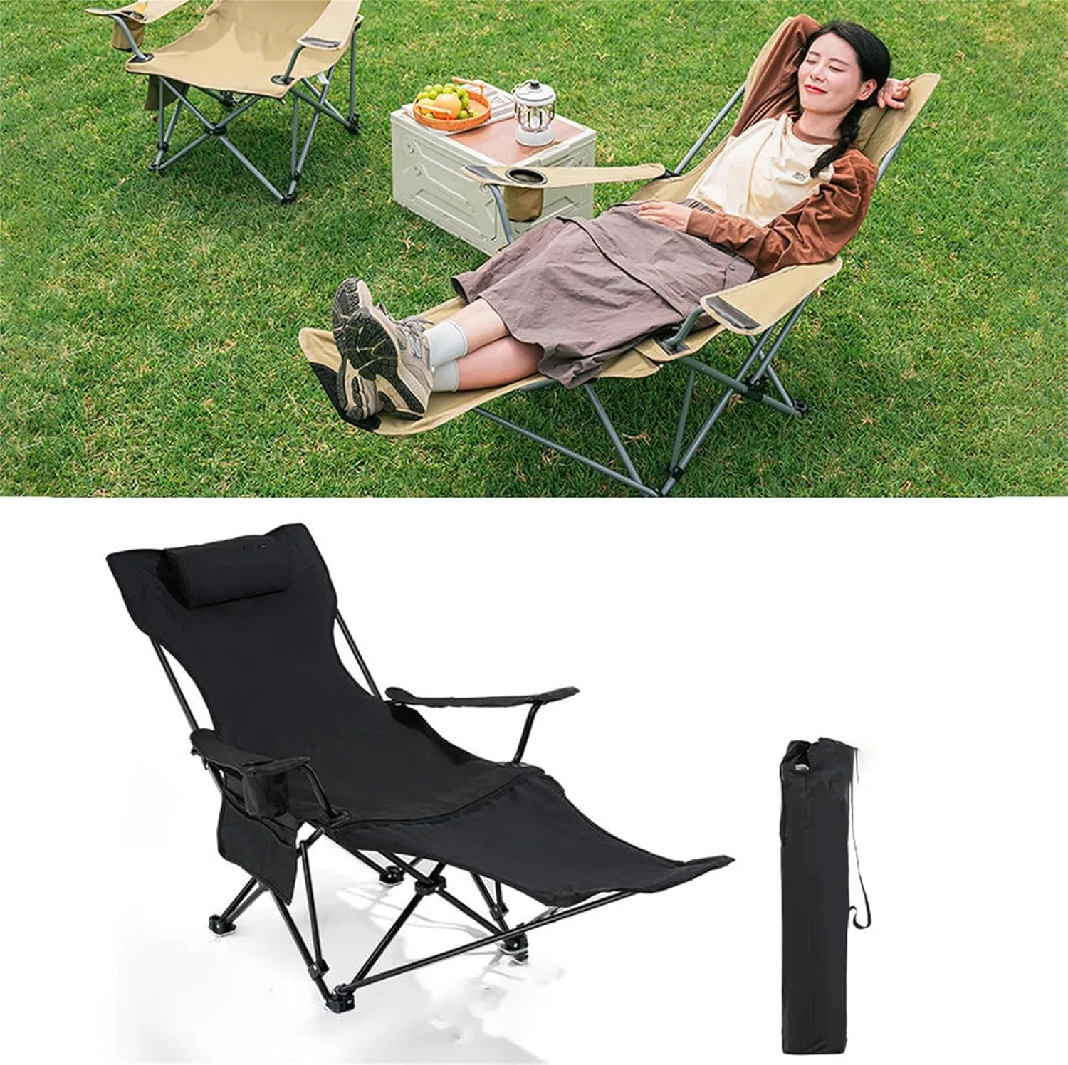 Camping Chair with Comfortable Headrest,Oversized Camping Outdoor Chair,Carry Bag Included,Folding Chairs with Lumbar Support,Mesh Cup Holder, for Outdoor Black