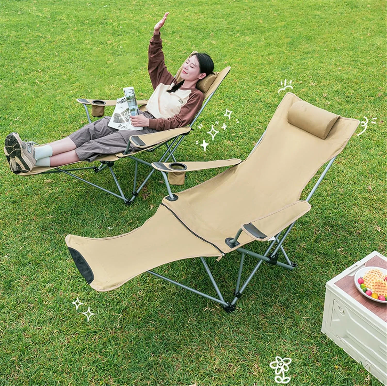 Camping Chair with Comfortable Headrest,Oversized Camping Outdoor Chair,Carry Bag Included,Folding Chairs with Lumbar Support,Mesh Cup Holder, for Outdoor White