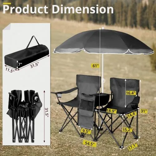Camping Chairs, Folding Double Chair with Removable Umbrella, Cup Holders, Cooler Bag, Side Pocket & Carry Bag, for Beach, Outdoor, Sports, Concerts, Travel, Picnic