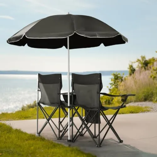Camping Chairs, Folding Double Chair with Removable Umbrella, Cup Holders, Cooler Bag, Side Pocket & Carry Bag, for Beach, Outdoor, Sports, Concerts, Travel, Picnic