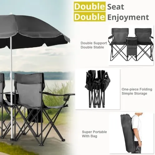 Camping Chairs, Folding Double Chair with Removable Umbrella, Cup Holders, Cooler Bag, Side Pocket & Carry Bag, for Beach, Outdoor, Sports, Concerts, Travel, Picnic