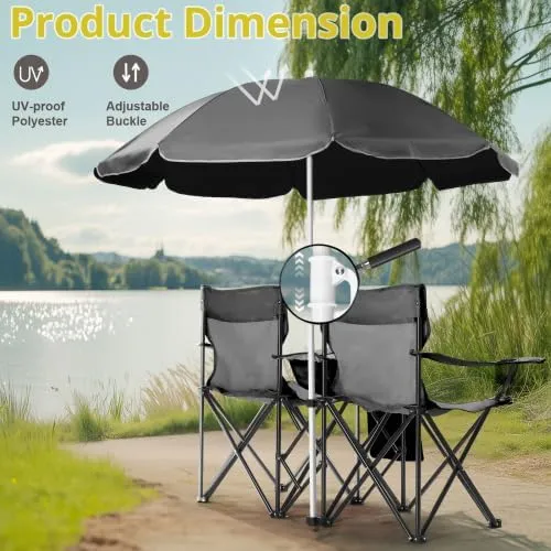 Camping Chairs, Folding Double Chair with Removable Umbrella, Cup Holders, Cooler Bag, Side Pocket & Carry Bag, for Beach, Outdoor, Sports, Concerts, Travel, Picnic