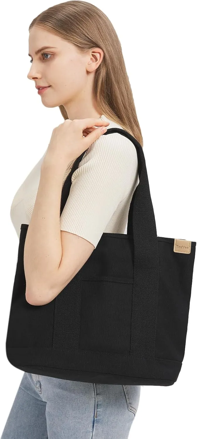 Canvas Tote Bag Casual Multi pockets Handbags Large Capacity Shopping Shoulder Bag with Pocket Bags Work Purses