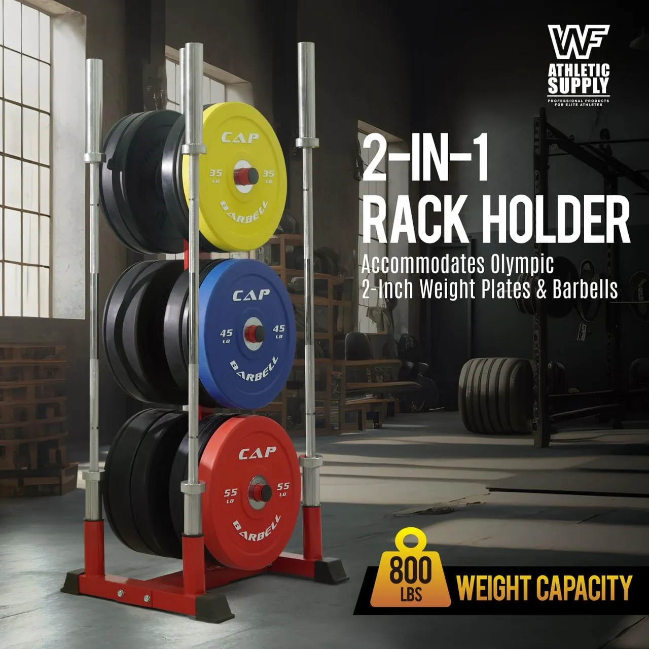 CAPHAUS Olympic Weight Plate Rack for Bumper Plate Storage, w/Barbell Holders and Plate Pegs, Heavy-Duty Olympic Weight Tree for Home Gym, 2 Inch Weight Plate Holder Capable of Holding Up to 800LB