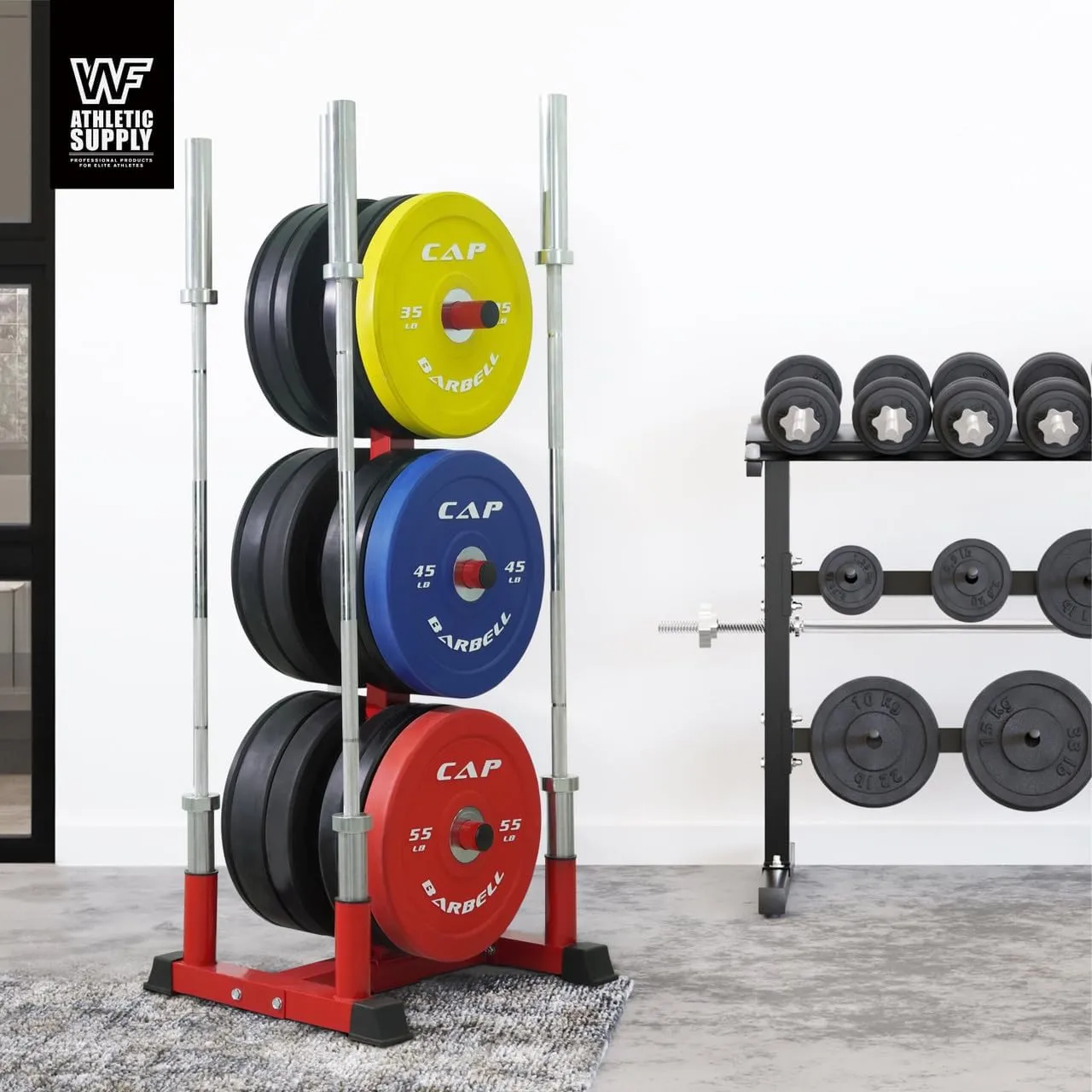 CAPHAUS Olympic Weight Plate Rack for Bumper Plate Storage, w/Barbell Holders and Plate Pegs, Heavy-Duty Olympic Weight Tree for Home Gym, 2 Inch Weight Plate Holder Capable of Holding Up to 800LB