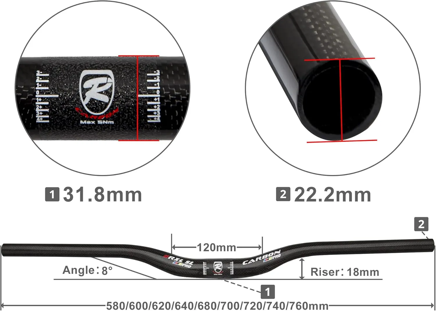 Carbon Handlebars, Mountain Bike Handlebars, Riser Bars 31.8mm 3K Matt Glossy 680mm 700mm 720mm 740mm 760mm MTB Handlebars for Mountain Bikes,Road Bike