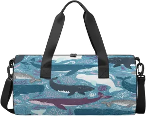 Cartoon Marine Aquatic Grass Whale Sports Duffel Bag, Gym Tote Bag Waterproof Weekender Travel Bag for Overnight Travel Luggage Workout Women Men