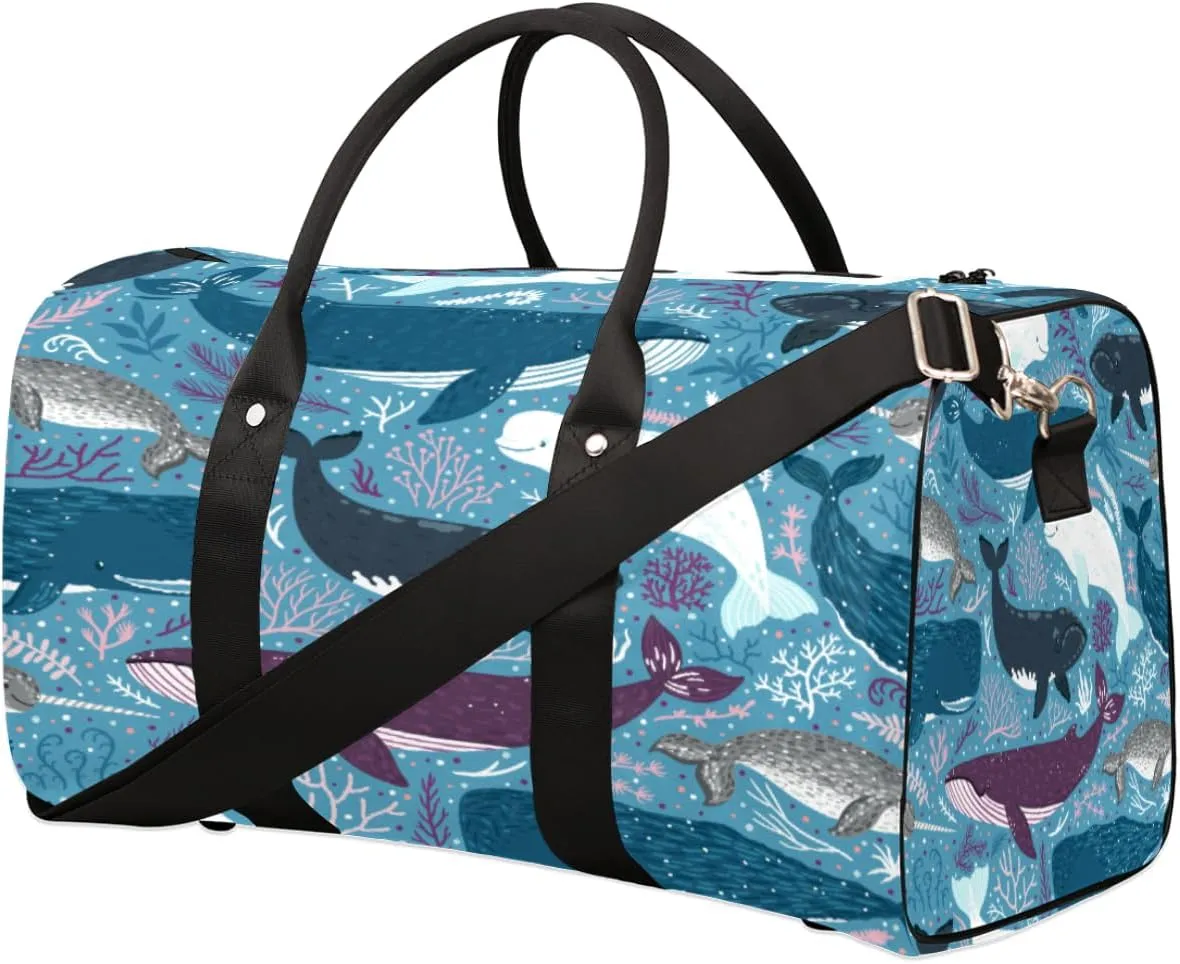 Cartoon Marine Aquatic Grass Whale Travel Duffel Bag, Foldable Sport Gym Tote Bag, Waterproof Weekender Overnight Bag with Shoulder Strap, Carry On Luggage Handbag for Men and Women