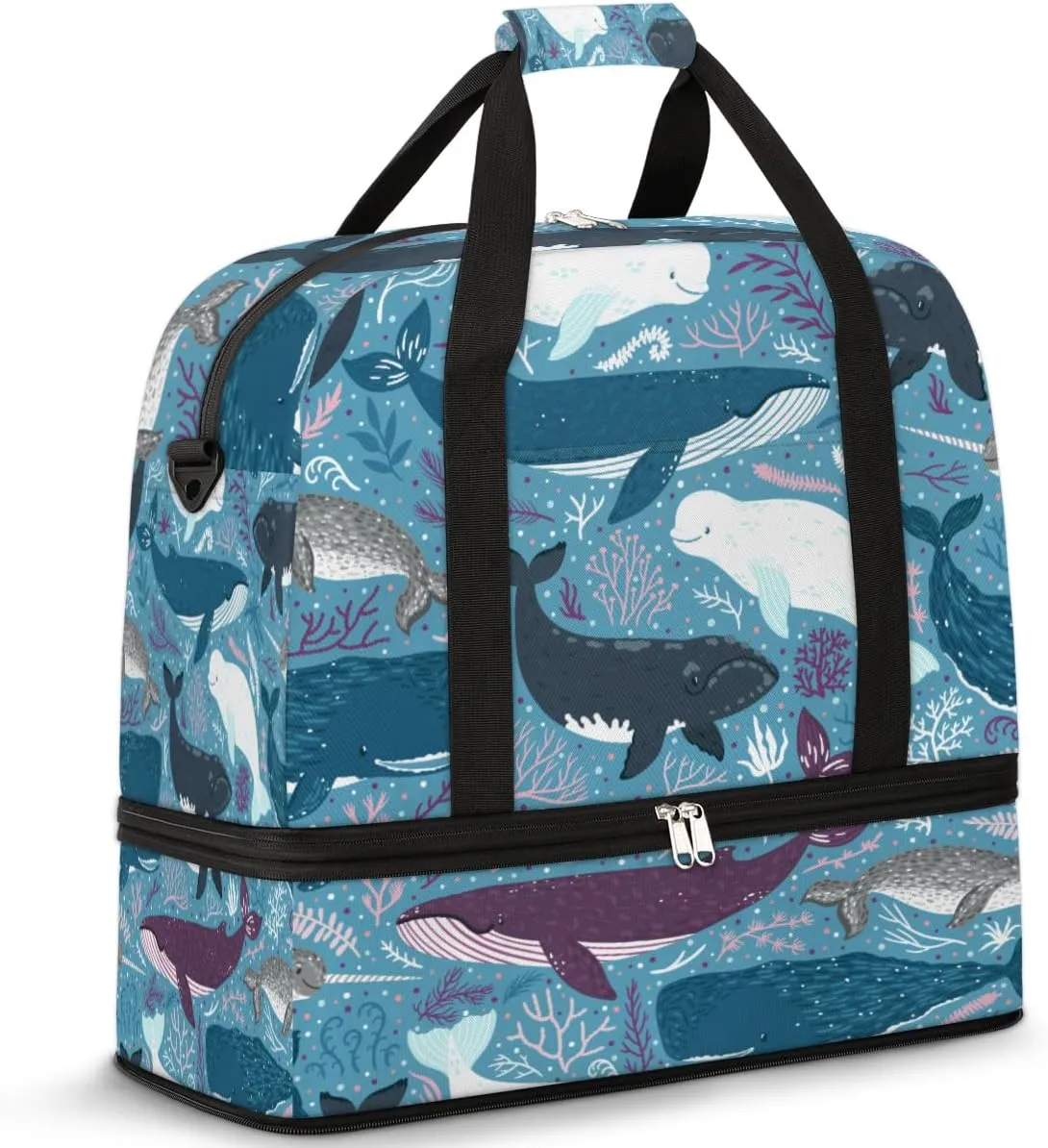 Cartoon Marine Aquatic Grass Whale Travel Duffle Bag, Large Sports Gym Bag with Shoe Compartment, Waterproof Carry on Tote Bag, Foldable Weekender Overnight Bag for Women Men