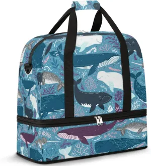 Cartoon Marine Aquatic Grass Whale Travel Duffle Bag, Large Sports Gym Bag with Shoe Compartment, Waterproof Carry on Tote Bag, Foldable Weekender Overnight Bag for Women Men