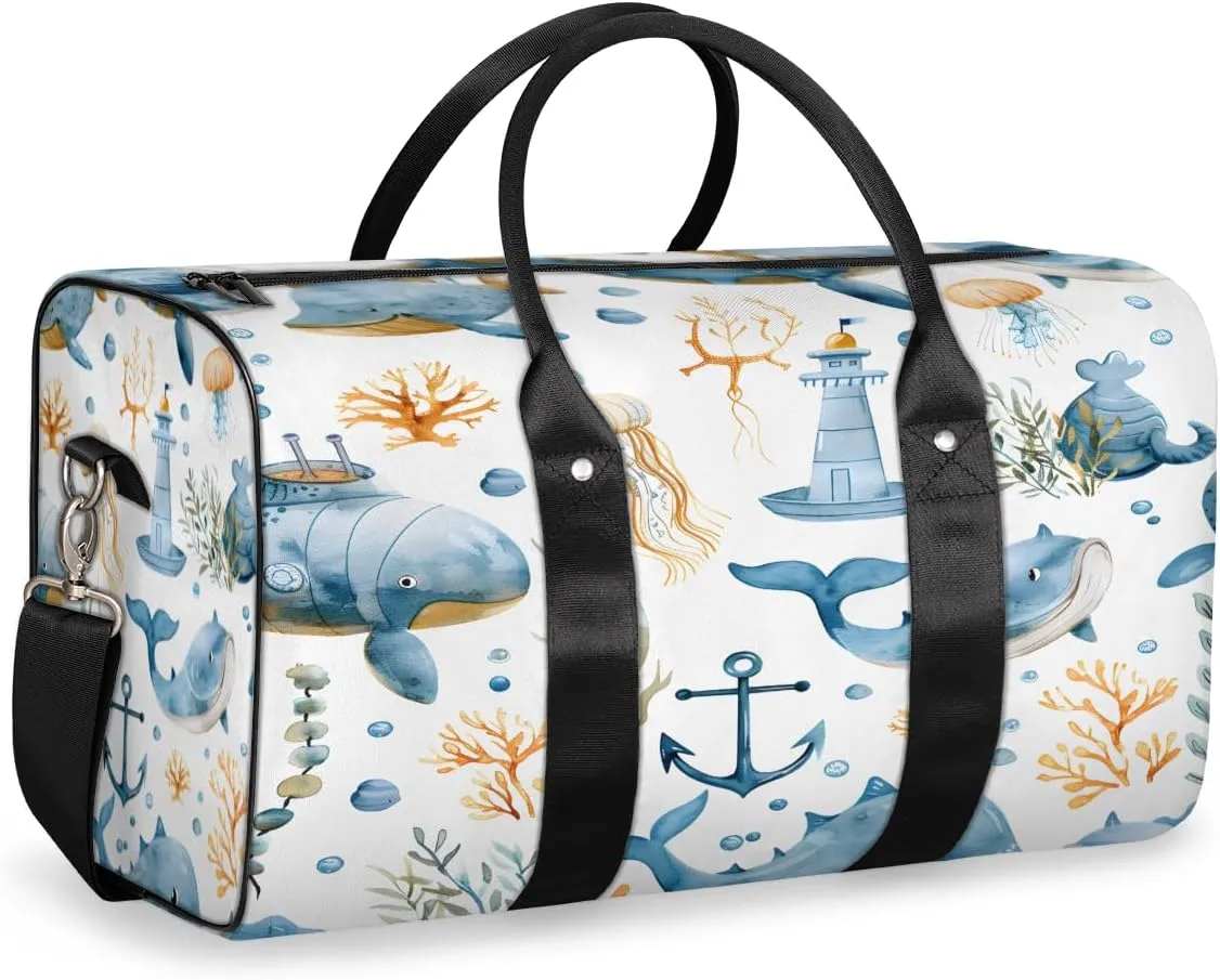 Cartoon Whale Travel Duffle Bag, Sports Gym Bags for Women Men, Carry On Weekender Overnight Bag, Sea Ocean Fish Workout Hospital Airplane Trips Bag