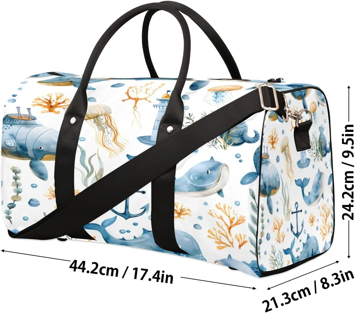 Cartoon Whale Travel Duffle Bag, Sports Gym Bags for Women Men, Carry On Weekender Overnight Bag, Sea Ocean Fish Workout Hospital Airplane Trips Bag