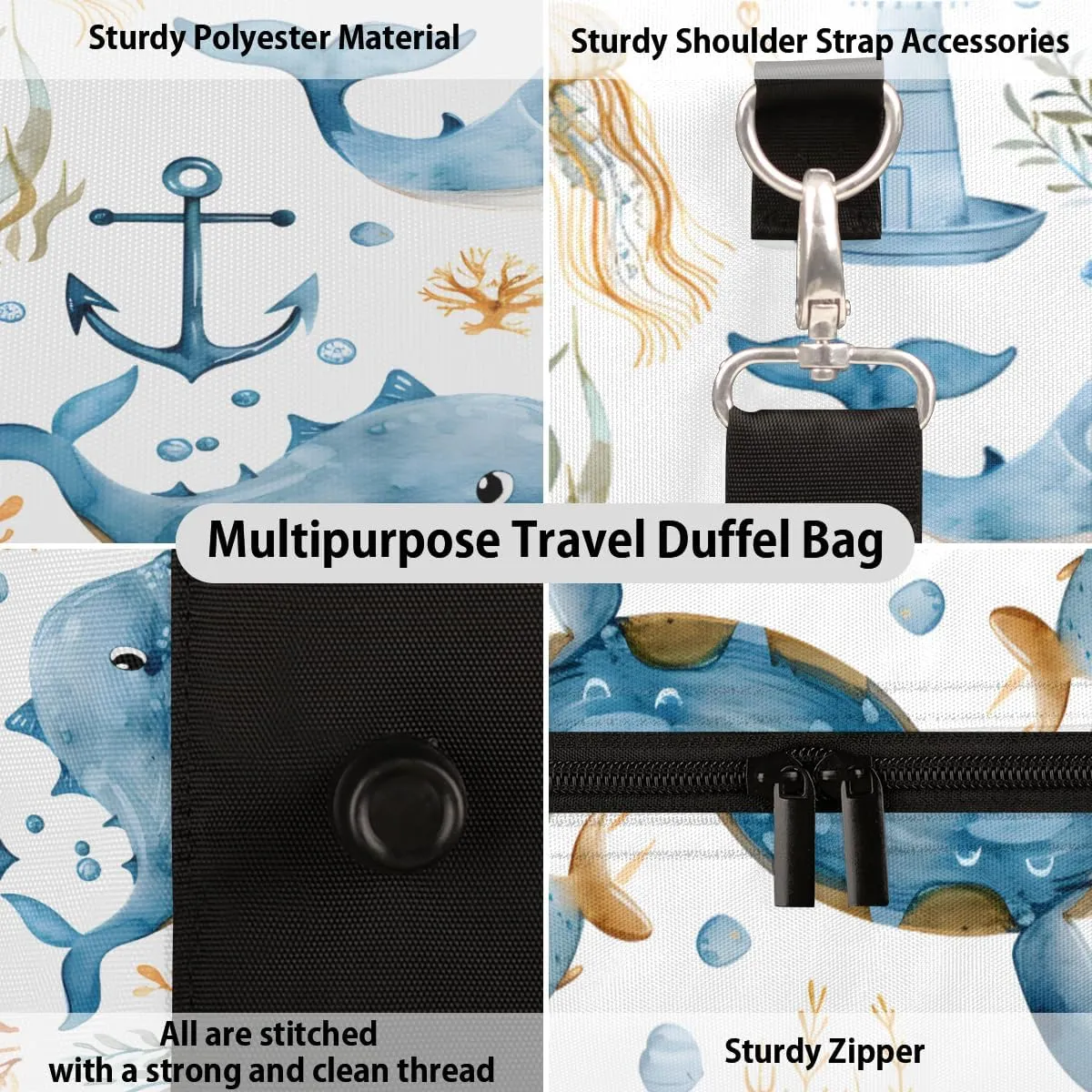 Cartoon Whale Travel Duffle Bag, Sports Gym Bags for Women Men, Carry On Weekender Overnight Bag, Sea Ocean Fish Workout Hospital Airplane Trips Bag