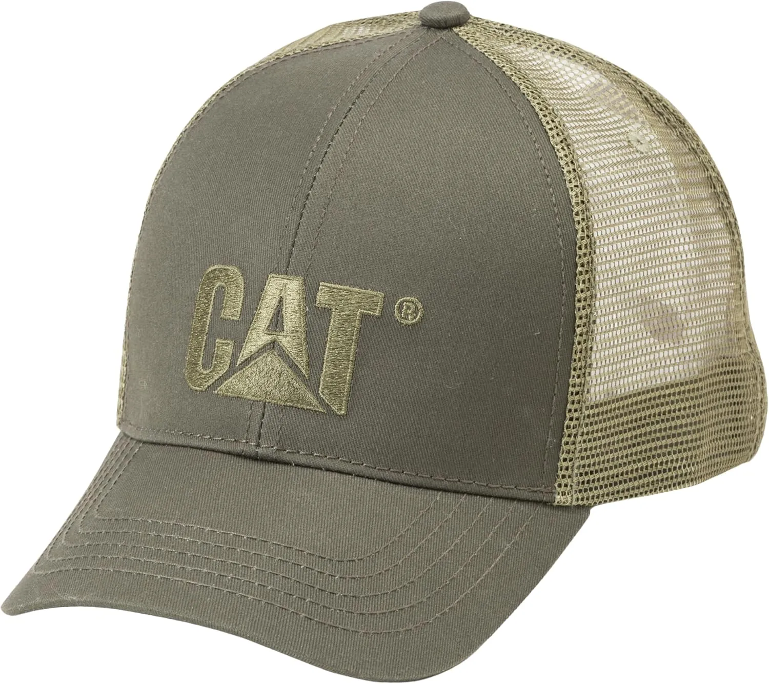 Caterpillar Men's Raised Logo Hats with Embroidered Front and Contrast Mesh Back with Plastic Snapback Closure