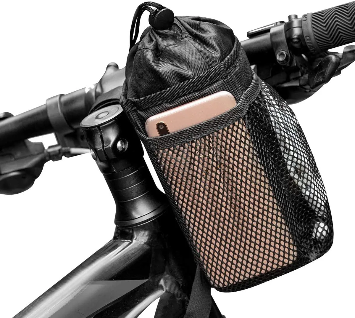 Caudblor Bike Water Bottle Holder Bag for Kid Adult, Insulated Bicycle Coffee Cup Holders with Phone Storage, Black Handlebar Drink/Beverage Container for Walker/Cruiser/Exercise/Mountain Bike