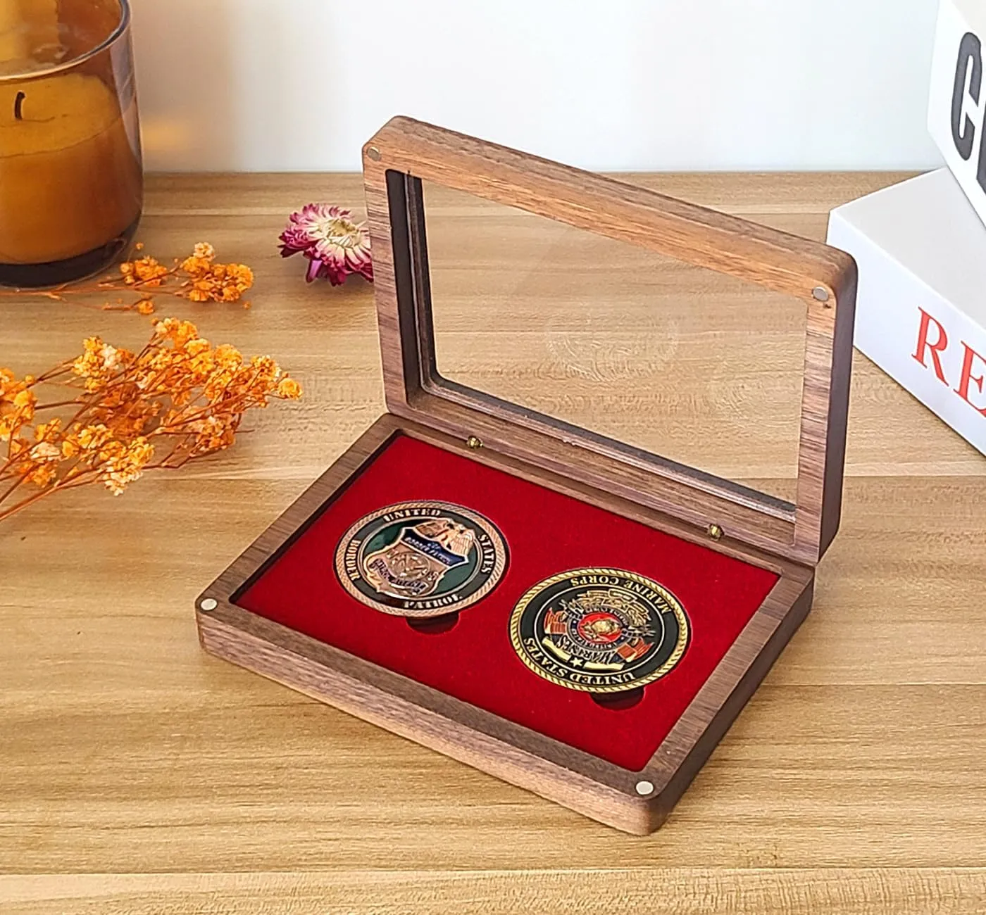 Challenge Single Coin Display Box - Two 1.81" Groove for Silver Dollar Holders, Wood Storage Case With Adjustable DIY Gasket Size (RED1.8 46mm)